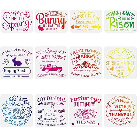 FINGERINSPIRE 12 Pcs Hello Spring Stencils Risen Drawing Painting Templates Sets Plastic Easter Drawing Painting Stencils Bunny Template Sets for Painting on Wood, Floor, Wall and Tile