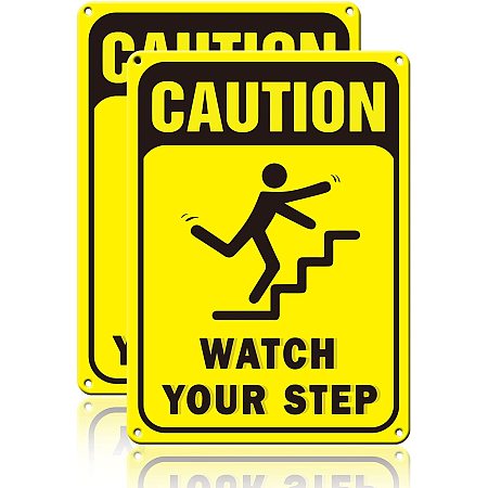 GLOBLELAND 2Pcs Watch Your Step Aluminum Sign Metal Sign for Stairwell Decor, 10x7Inch, Waterproof and Fade Resistance