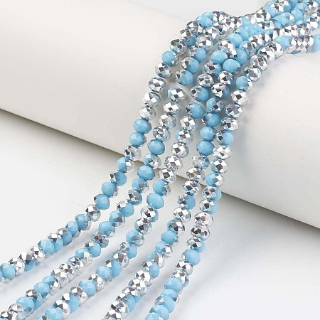 Arricraft Electroplate Opaque Glass Beads Strands, Half Silver Plated, Faceted, Rondelle, Deep Sky Blue, 8x6mm, Hole: 1mm; about 72pcs/strand, 16.14 inches(41cm)