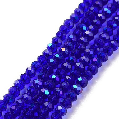 Honeyhandy Electroplate Glass Beads Strands, Half Rainbow Plated, Faceted, Rondelle, Blue, 4x3mm, Hole: 0.4mm, about 123~127pcs/strand, 16.5~16.9 inch(42~43cm)