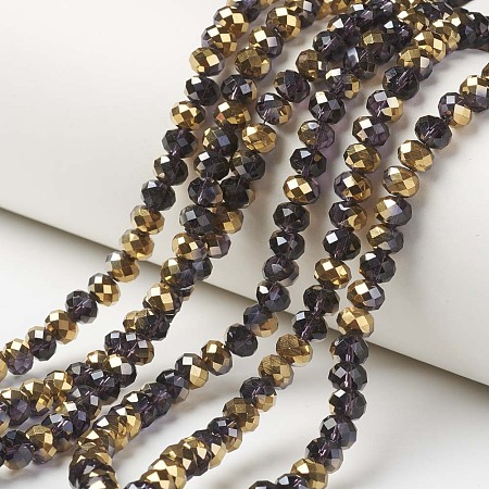 Honeyhandy Electroplate Transparent Glass Beads Strands, Half Golden Plated, Faceted, Rondelle, Indigo, 4x3mm, Hole: 0.4mm, about 130pcs/strand, 16.54 inch(42cm)