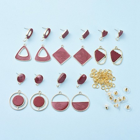 DIY Earring Making, with Alloy Enamel Stud Earring Findings, with Steel Pin, Alloy Enamel Pendants, Light Gold. Mixed Shapes, Dark Red, Earring Findings: Pin: 0.7mm; 20pcs/set