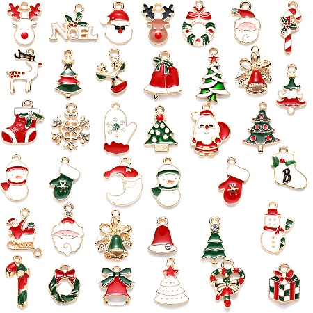 Nbeads  Alloy Enamel Pendants, for Christmas, Light Gold, Mixed Color, 12~27x7.5~19x1~3mm, Hole: 1.4~2mm; 38pcs/set