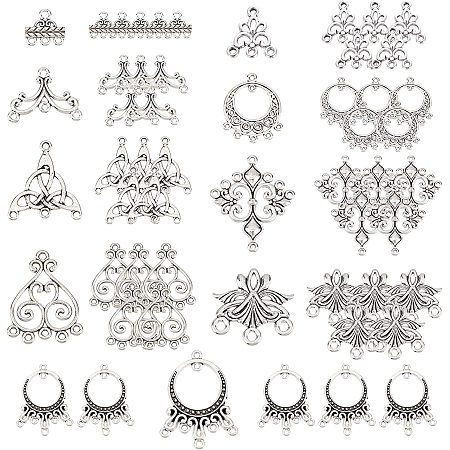 SUNNYCLUE 1 Box 54Pcs 9 Style Chandelier Connector Charms Component Links Alloy Hollow Filigree Pendants Flat Round Teardrop Triangle Shape for Jewelry Making Earring Supplies,Antique Silver