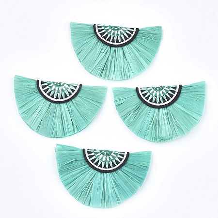 Raffia Decoration Accessories, with Cotton, Fan Shaped, Turquoise, 41~42x68~69x6mm