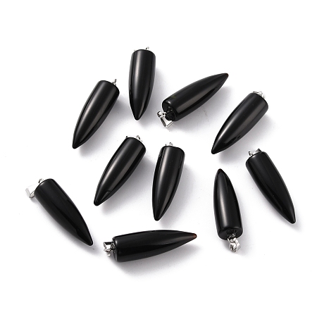 Honeyhandy Natural Obsidian Pendants, with Platinum Brass Findings, Bullet, 32~35x10~11mm, Hole: 7X3mm