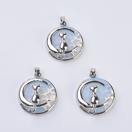Honeyhandy Opalite Kitten Pendants, with Brass Findings, Flat Round with Cat & Crescent Moon Shape, Platinum, 32x27.5x10mm, Hole: 5x7mm