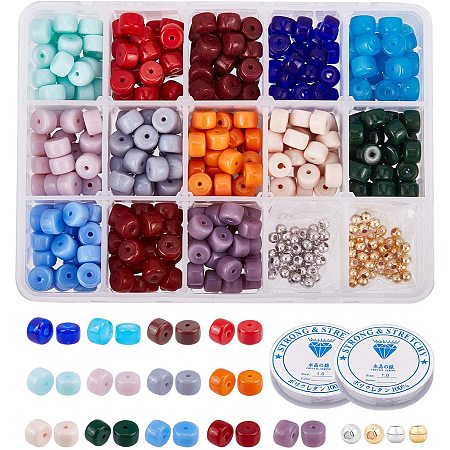 NBEADS 490 Pcs Cylindrical Glass Beads, Opaque Solid Pony Beads and Round Brass Spacer Beads with Clear Elastic Crystal Thread for Bracelet Necklace Jewelry Making