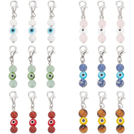 SUPERFINDINGS 6Pcs 25mm Natural Stone Evil Eye Lampwork Beads Pendant Decoration Chakra Stones Reiki Healing Ornament with Jump Rings, Lobster Claw Clasps and Pins for Jewelry Making