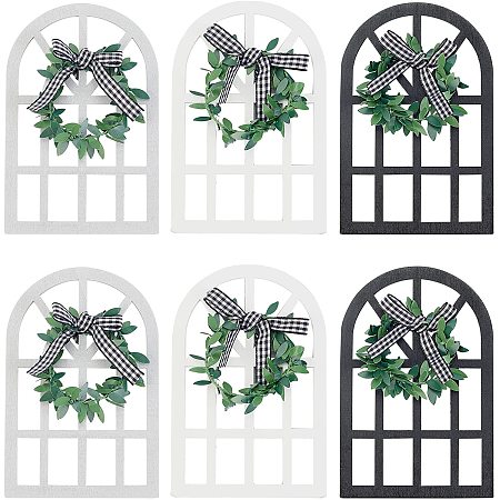 NBEADS 6 Pcs Wooden Arch Window Decor, 3 Colors Farmhouse Wooden Window Sign Wood Window Display Decorations with Bowknot for Farmhouse Home Wall Decor and DIY Crafts