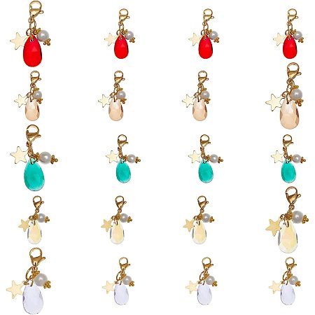 SUNNYCLUE 1 Box 20Pcs 5 Colors Teardrop Glass Charm Colorful Faceted Crystal Water Drop Pendants Round Pearl Beads Star Lobster Claw Clasps for Jewelry Making Charms Bracelets Earrings Keychains