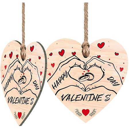 CRASPIRE Valentines Day Wooden Sign Valentine's 2pcs Wooden Hanging Heart Plaque with Jute Twine for Friends Christmas Ornaments Tags Crafts Birthday Gifts for Wall Door Decor