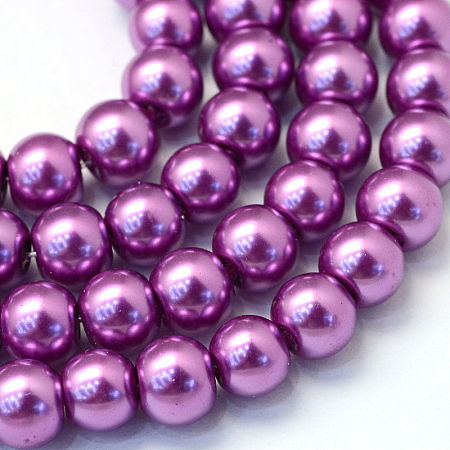 Baking Painted Pearlized Glass Pearl Round Bead Strands, Medium Orchid, 8~9mm, Hole: 1mm; about 105pcs/strand, 31.4 inches