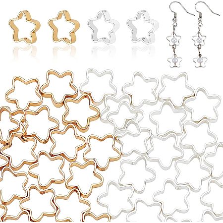 PandaHall Elite 40pcs Star Bead Frames, 9.5mm Golden Metal Links Double Hole Frames Hollow Star Charms Silver Open Connectors Fit for 6mm Beads for Necklace Bracelet Earring Jewelry Making