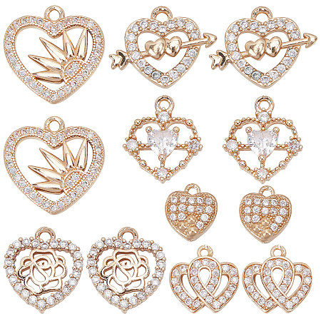 SUNNYCLUE 12Pcs 6 Style Valentine's Day Brass Micro Pave Cubic Zirconia Pendants, Heart, Clear, 10~17x9~19x2~3.5mm, Hole: 1~1.5mm, 2pcs/style