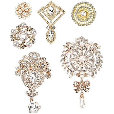 GORGECRAFT 6PCS Rhinestones Brooches Elegant Pearl Brooches Gold Crystal Brooch Pins Jewelry for Women Girls Ladies