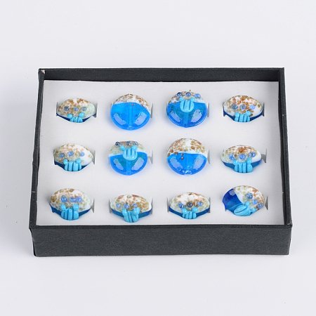 Ocean Style Flat Round Handmade Lampwork Beads, Royal Blue, 19~20x11~12mm, Hole: 2mm; about 12pcs/box