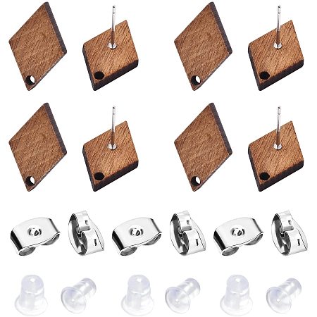 BENECREAT 14 Pairs Wood Post Stud Earrings Mixed Color Rhombus Walnut Earring(18x12mm) with 30pcs 304 Stainless Steel Ear Nuts and 50pcs Silicone Ear Nuts