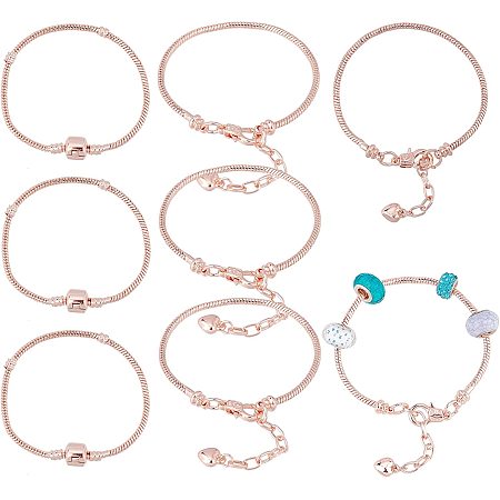 SUNNYCLUE 1 Box 6Pcs 2 Styles Snake Chain Charm Bracelet for Bead Charms 8 inch Adjustble European Charm Bracelet Silver Color Snake Chain Lobster Clasp Bracelet Making Supplies Craft,Rose Gold