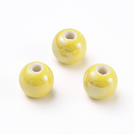 Honeyhandy Handmade Porcelain Beads, Pearlized, Round, Yellow, 8mm, Hole: 2mm