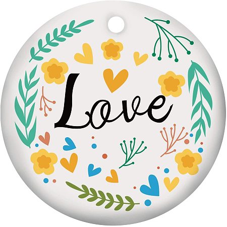 SUPERFINDINGS 1PC Love Theme Ornament Anniversary Ceramic Keepsake Hanging Ornament Porcelain Pendants for Home Indoor Outdoor Decor, Double-Sided Printed, Flat Round, Yellow Green, 3inch