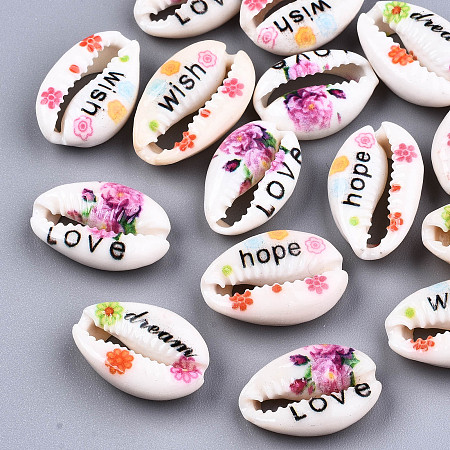 ARRICRAFT Printed Natural Cowrie Shell Beads, No Hole/Undrilled, with Word & Flower Pattern, Mixed Color, 18~22x13~14x6~8mm