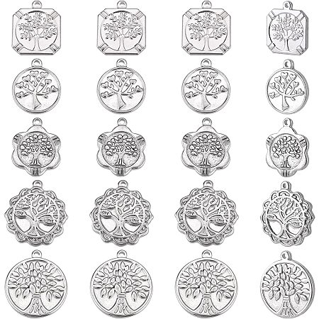 DICOSMETIC 20pcs 5 Styles 304 Stainless Steel Tree of Life Pendants Heart Tree Charms Square/Flower Shape Pendants with Family Tree for Jewelry Making