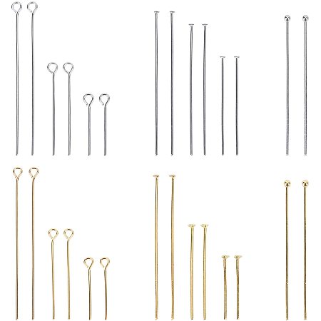 AHANDMAKER 660 Pcs 14 Style 304 Stainless Steel Open Eye Pins & Flat Head Pins & Ball Head Pins for Craft DIY Earring Bracelet Pendant Jewelry Making and Repairing(Golden/Stainless Steel Color)