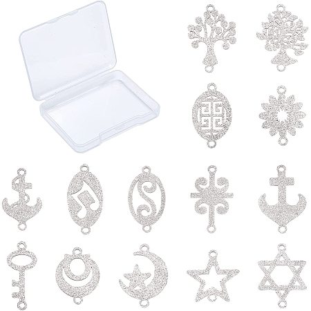 SUNNYCLUE 1 Box 14 Styles Stainless Steel Connector Charms Hollow Tree of Life Star Moon Flower Anchor Hexagram Metal Links Flatback for Jewelry Making Charms Bracelets Necklaces Supplies, Silver