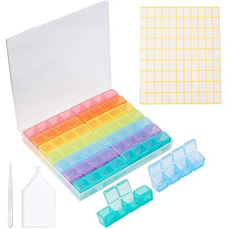 PandaHall Elite 56 Grids Colored Diamond Painting Storage Containers with 297 pcs Label Stickers 1 pc Tweezer 1 pc Tray Plate Embroidery Diamond Art Beads Accessories
