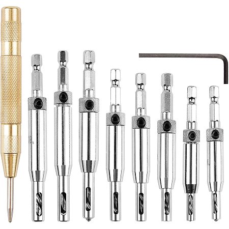 AHANDMAKER Self Centering Drill Bit Set, 10 Pcs Center Drill Bit Tools Include Automatic Center Punch, Hole Puncher and Hex Key, 5/64'' 7/64'' 9/64'' 11/64'' 13/64'' 5mm 1/4''