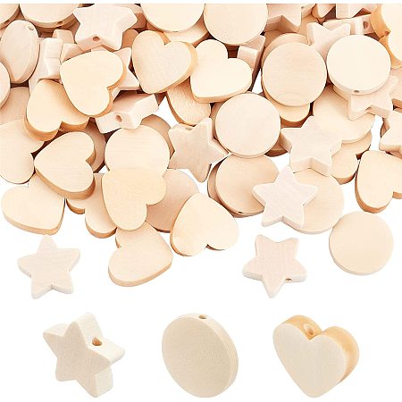 OLYCRAFT 150Pcs Natural Wood Beads Star Wood Beads Heart Round Unfinished Wooden Loose Beads Spacer Beads with Hole for Craft DIY Jewelry Making - 3 Style