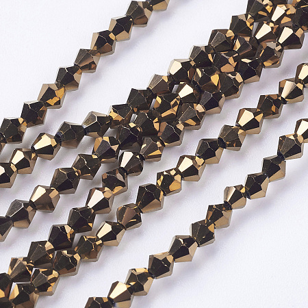 Honeyhandy 1 Strand Faceted Bicone Full Copper Plated Glass Beads Strands, 3x3mm, Hole: 1mm, about 128~135pcs/strand, 12.2 inch