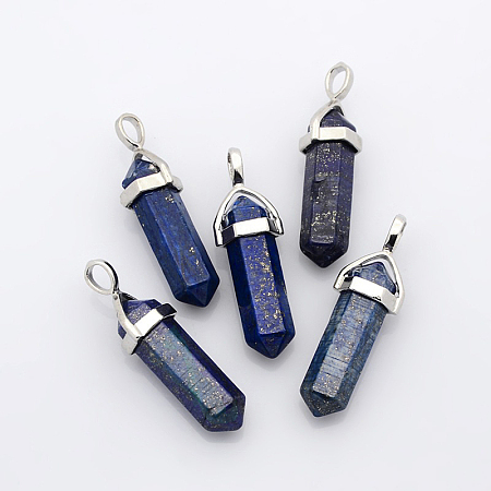 Honeyhandy Natural Lapis Lazuli Double Terminated Pointed Pendants, with Alloy Findings, Bullet, Platinum, 38~45x12mm, Hole: 3x5mm, Gemstone: 10mm in diameter