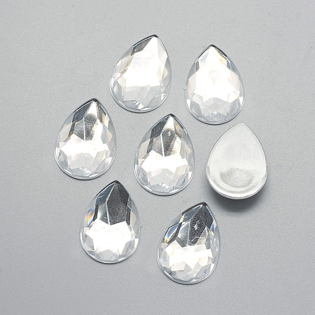 Honeyhandy Acrylic Rhinestone Flat Back Cabochons, Faceted, Bottom Silver Plated, teardrop, Clear, 14x10x3.5mm