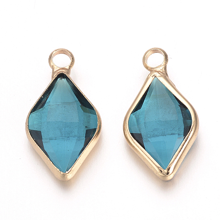 Honeyhandy Glass Pendants, with Brass Findings, Faceted, Rhombus, Nickel Free, Raw(Unplated), Dodger Blue, 18x10x4.5mm, Hole: 2mm