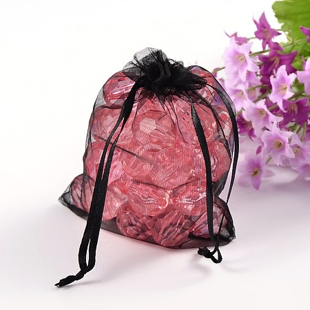 Honeyhandy Organza Gift Bags, with Drawstring, Rectangle, Black, 12x10cm
