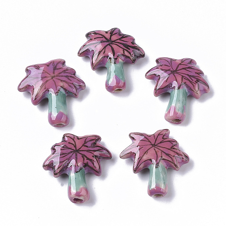 ARRICRAFT Handmade Porcelain Beads, Famille Rose Style, Tree, Camellia, 20.5~22x20~21x6mm, Hole: 1.6~2.5mm