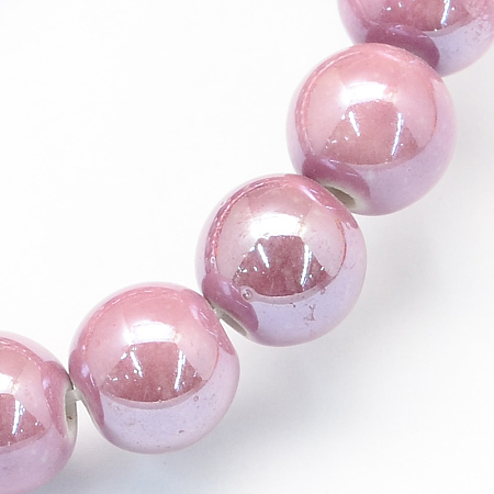 Honeyhandy Pearlized Handmade Porcelain Round Beads, Pink, 6mm, Hole: 1.5mm