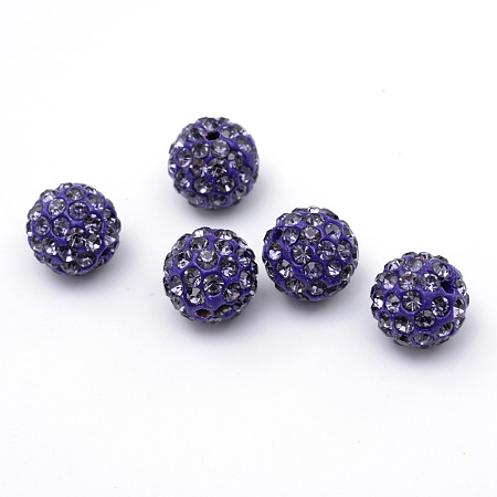 Honeyhandy Polymer Clay Pave Rhinestone Beads, Disco Ball Beads, Tanzanite, PP13(1.9~2mm), 6 Rows Rhinestone, 10mm, Hole: 1.5mm
