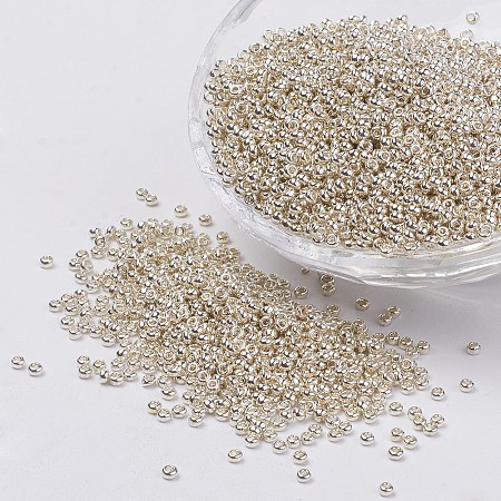 FGB 12/0 Round Glass Seed Beads, Metallic Colours Beads, Silver Plated, 2x1.5mm, Hole: 0.5mm, about 5000pcs/50g
