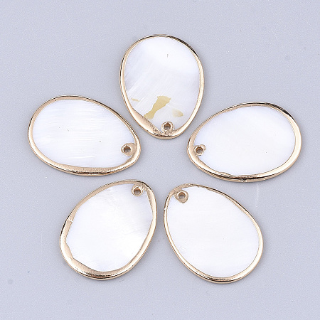 Honeyhandy Electroplate Freshwater Shell Pendants, Oval, Light Gold, 24~24.5x18x1.5mm, Hole: 1.2mm