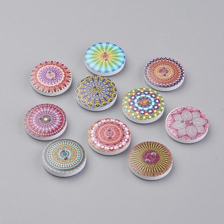 Honeyhandy 2-Hole Printed Wooden Buttons, Dyed, Flat Round with Pattern, Mixed Color, 20x4.5mm, Hole: 1.5mm