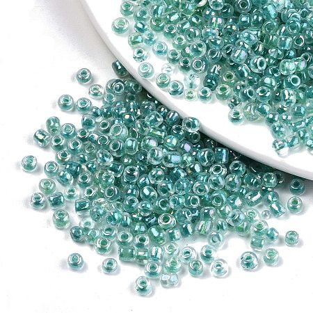 12/0 Glass Seed Beads, Inside Colours, Round Hole, Round, Transparent Colours Rainbow, Dark Cyan, 12/0, 2~2.5x1.5~2mm, Hole: 0.8mm, about 6666pcs/100g