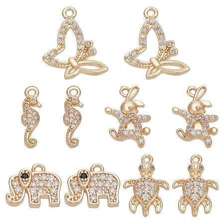 CHGCRAFT 10Pcs 5 Style Gold Animal Charm Cute Charms Rack Plating Brass Micro Pave Clear Charm Cubic Zirconia Pendants for Bracelet Necklace Earrings Jewellery Making, Length 10mm to 15.5mm