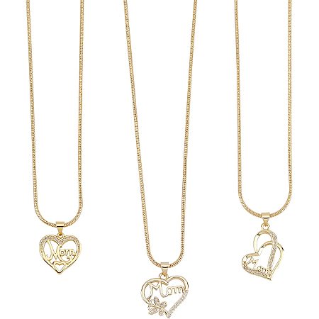 PandaHall 3 Styles Mom Love Heart Pendants with 3 pcs Jewelry Chain, Brass Golden Rhinestone Necklace for Mom, Best Mom Necklace Jewelry Gift for Mother's Day Mom Birthday Gift Thanksgiving
