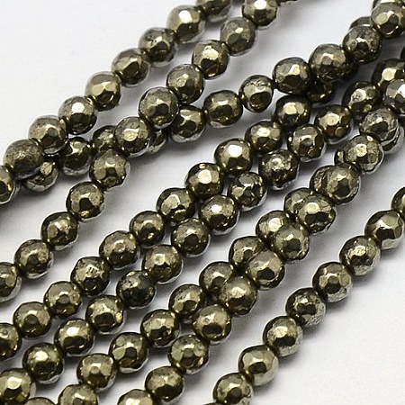 Arricraft Natural Pyrite Beads Strands, Round, Faceted, 4mm, Hole: 0.5mm, about 100pcs/strand, 15.74 inches