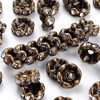 Honeyhandy Rhinestone Spacer Beads, Copper, Grade A, Flat Round, Antique Bronze Metal Color, Clear, Size: about 8mm in diameter, 4mm thick, hole: 1.5mm