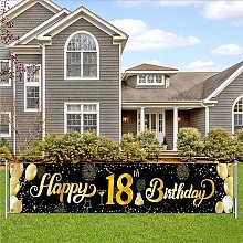 FINGERINSPIRE 118x20inch Birthday Banners with Hanging Rope Black & Gold 18th Birthday Party Supplies Rectangle Polyester Hanging Sign with Firework Balloon Pattern for Outdoor & Indoor Decor