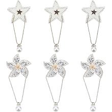 FINGERINSPIRE 6Pcs Star & Flower Rhinestone Clothes Patches, Iron on Crystal Patches with Chain & Imitation Pearl Beads Pendant for Dress Shoes Garment Hat Decoration (Silver, White)